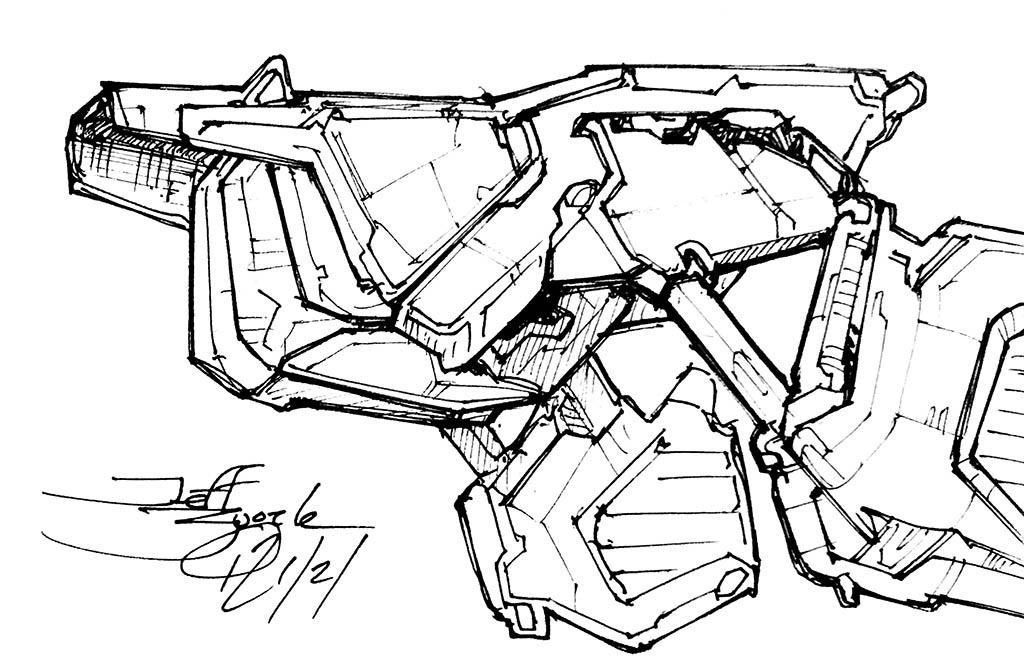 I'd have to say that this ship looks a lot like Rocky from Hail Mary. It's chunky with squared sections and deep panel lines, with very industrial looking nacelles on functional pylon supports. Cumbersome but with an elegance.