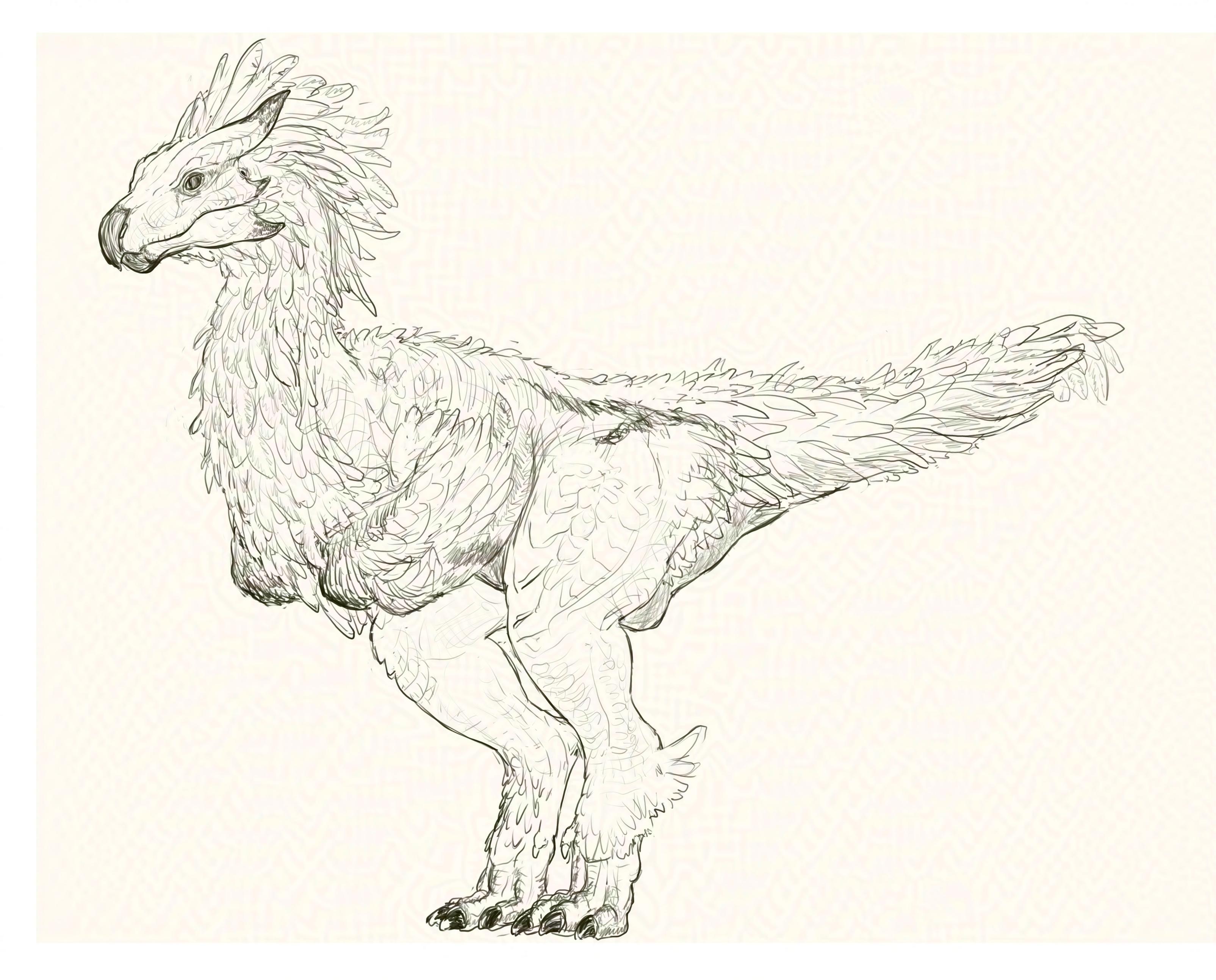 A digital black and white detailed sketch depicting a study picture of a standing Monster Hunter: Wilds playable mount, Seikret - the dinosaur birdlike creature used to traverse the game world. It's standing in profile view but slightly 3/4, markmaking highlighting the feathery cover on the body and scaly areas on the head and legs.