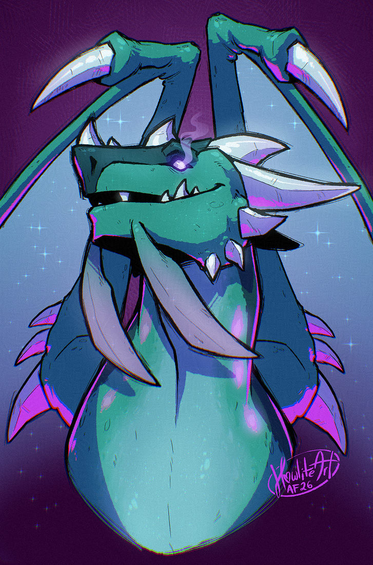 Digital art portrait of a teal Netherwing dragon with pale crystal horns and fin-line chin tendrils. His head is slightly tilted up and to the side, as he smiles down towards the viewer.