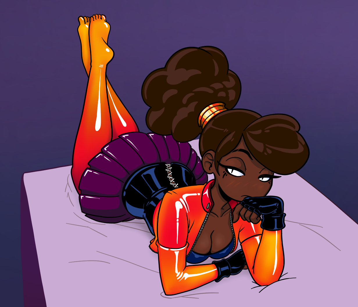 Drawing of a girl in bright latex outfit with black corsets laying on mattress