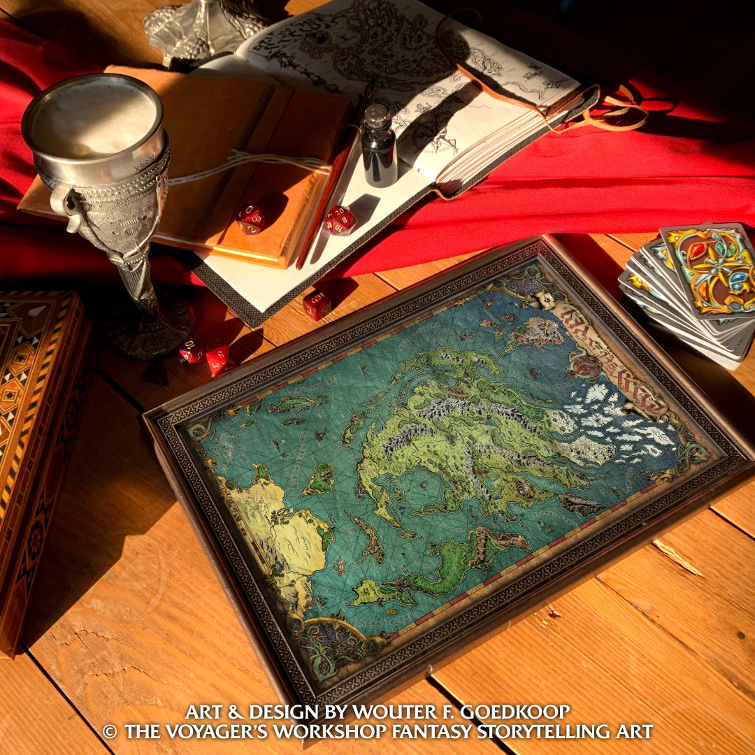 A staged photograph of a tavern table featuring a fantasy world map, playing cards, dice and more.