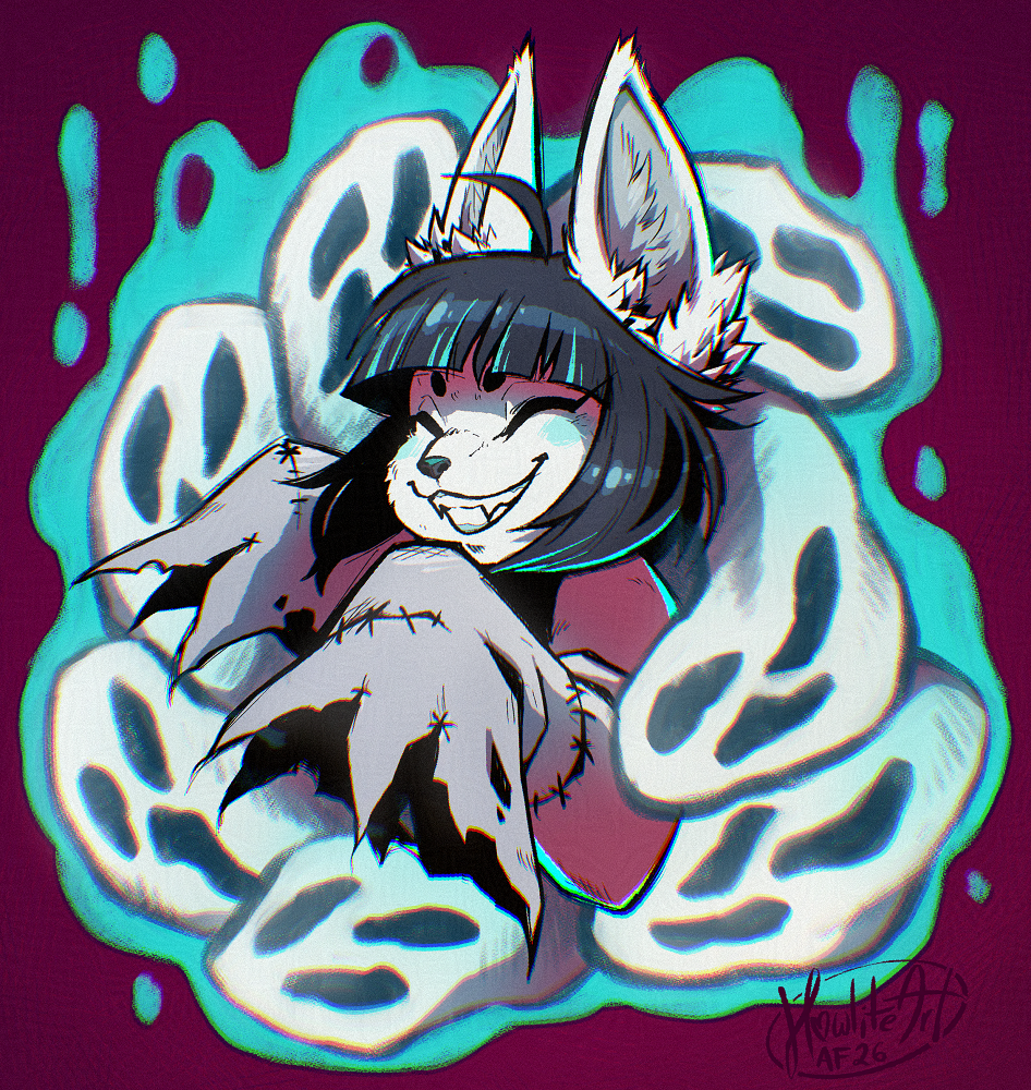 Digital art portrait of a white fox anthro with dark hair in a bob cut, long torn sleeves covering their front paws, grinning broadly with their eyes closed. Seven ghosts spiral around them, covering them from the waist down (the ghosts are their tails!)
