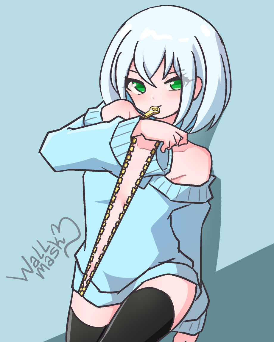 Anime style art of a girl opening a zipper, revealing a small part of her front body, but the zipper opens the clothes in a two-dimensional way, separating even her long sleeves that is in front of her body. The girl is Selene, @madamvampire.bsky.social 's original character. She has light aqua bob cut hair, wears an aqua shoulderless sweater and black thighhighs. The zipper is a reference to Bruno Bucciarati, a character from JoJo's Bizarre Adventure Vento Aureo, a character which the owner of Selene ships her with.