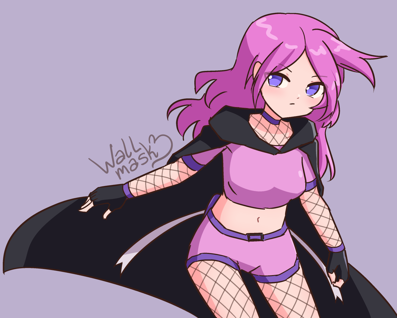 Anime style art of a girl with medium pink hair and purple eyes. She wears a black cape, a pink shorts and crop top shirt, black fingerless gloves and a fishnet on her arms, legs, and the collarbone area. The girl is Rindy, @lavender.aloraxi.xyz original character.