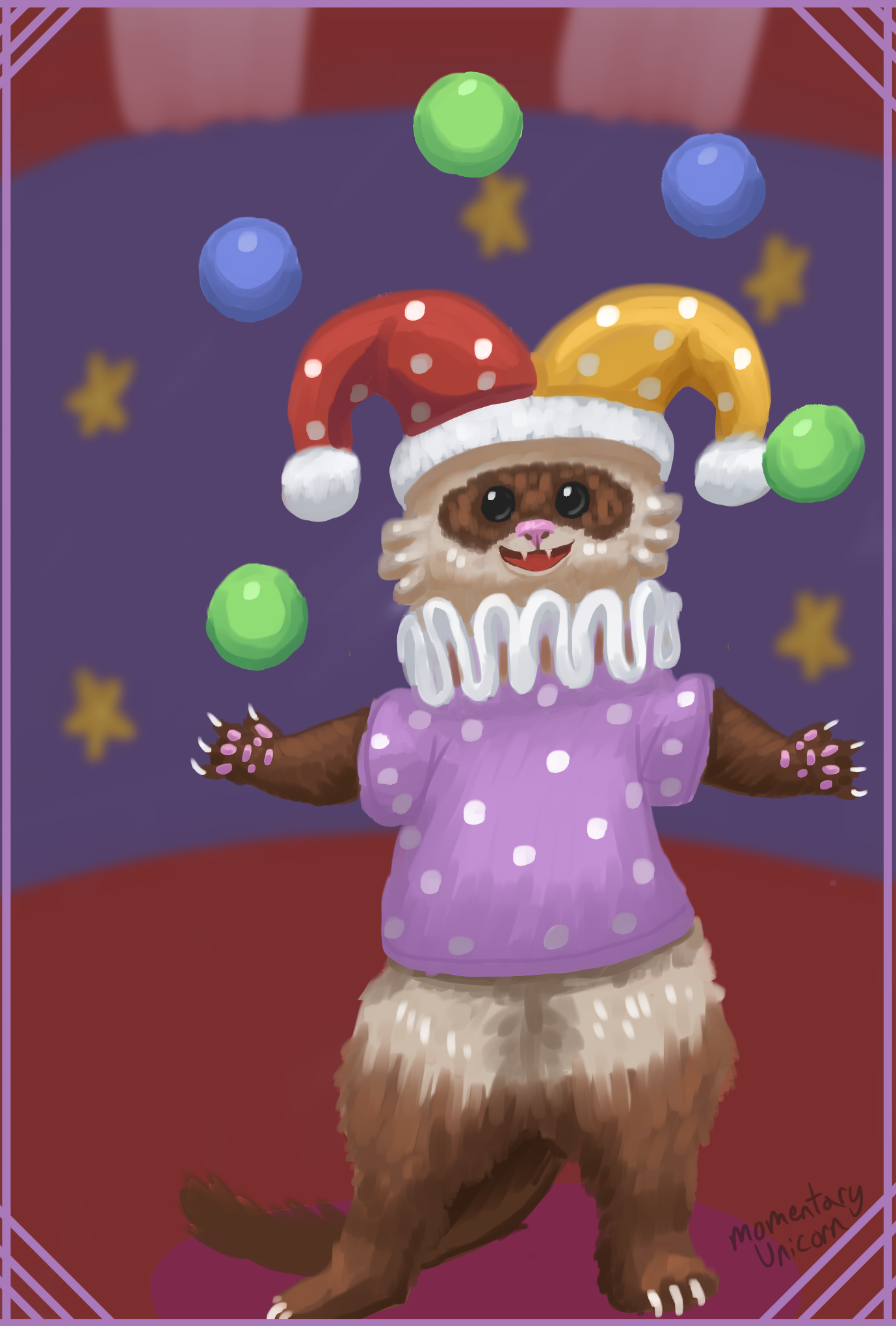 A digital painting of a cute domestic ferret character standing and juggling green and blue balls.  They are wearing a half red half yellow white polka dotted jester hat with pompoms on the end and a purple with white polka dots shirt.