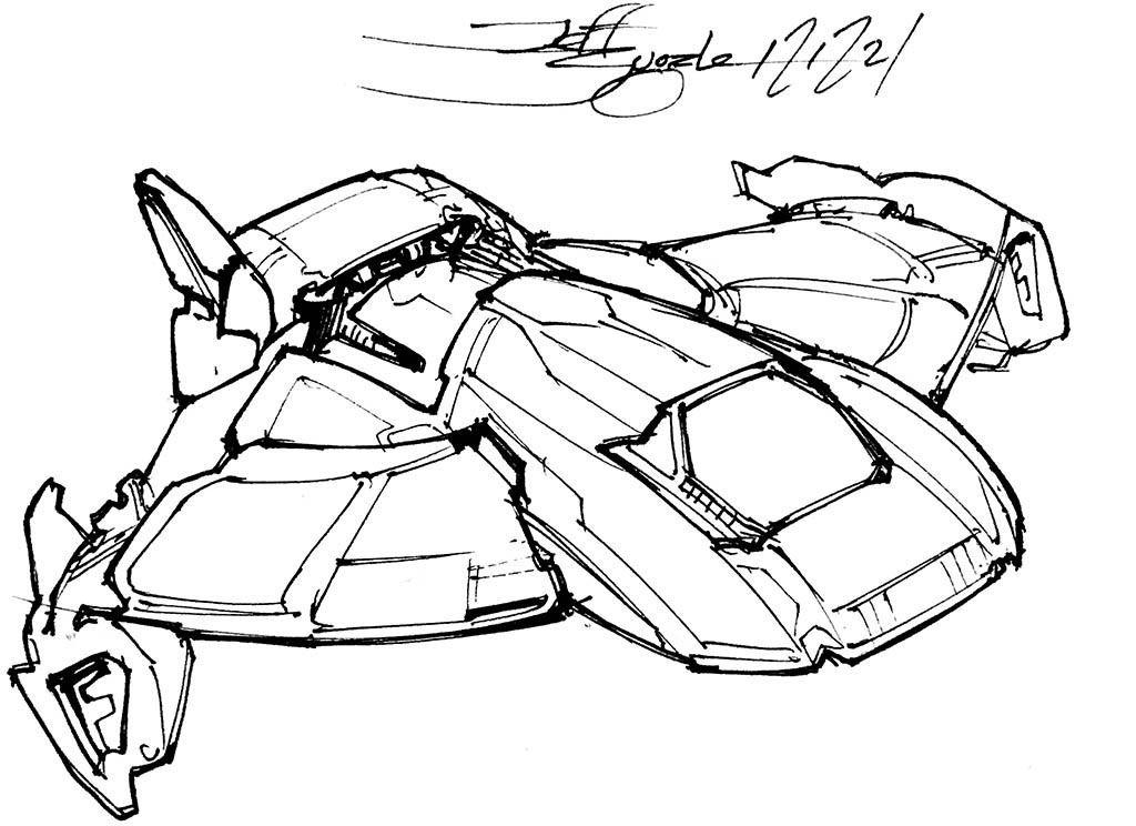 Fairly conventional airplane shape but with wide flat center hull and big square cockpit glass, thick rounded delta wings with odd angular nacelles at tips. The large tail section looks like it's missing one of two vertical fins, but that may be a design feature.