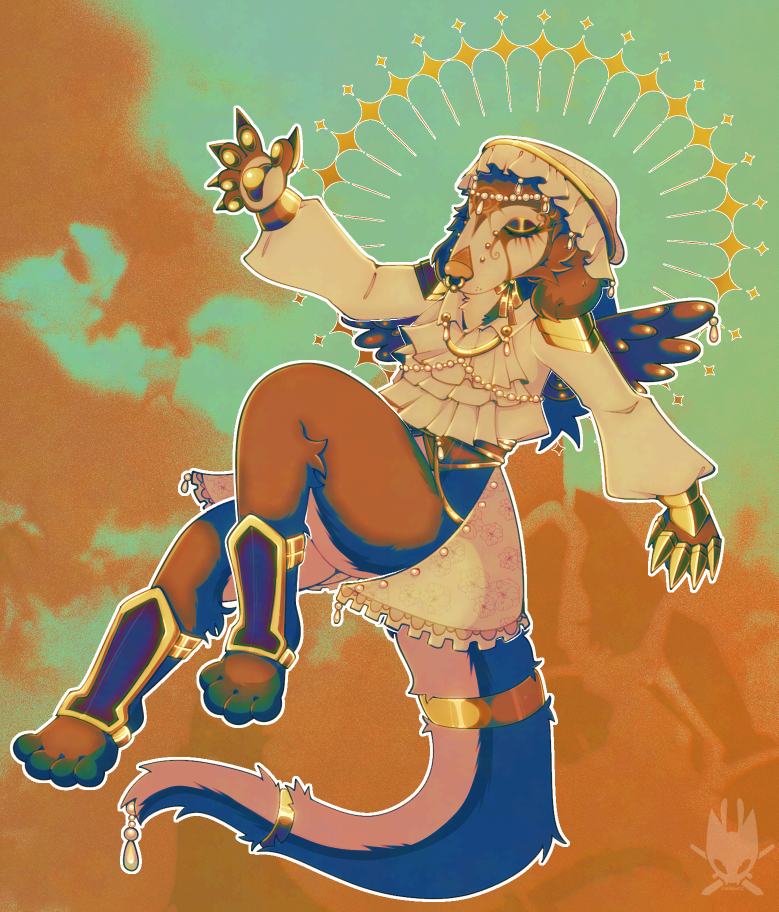 the seraphim (spanielfluffs' oc) reaching out into the sky, the background is a orange and cyan cloudy sky
