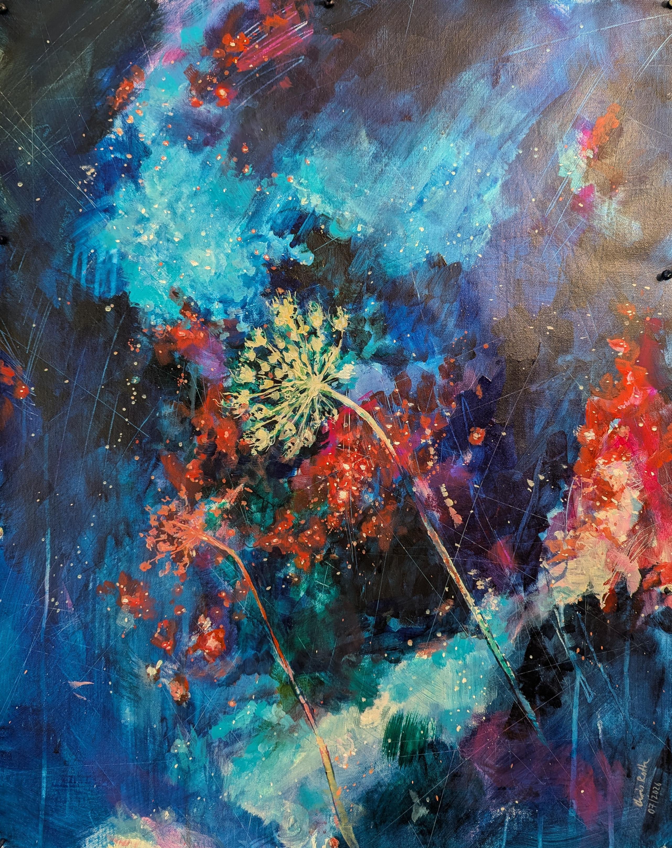 An acrylic painting depicting a dramatically glowing starry night sky in the background in turquoise, red and blues with a whitish wildflower in the foreground.