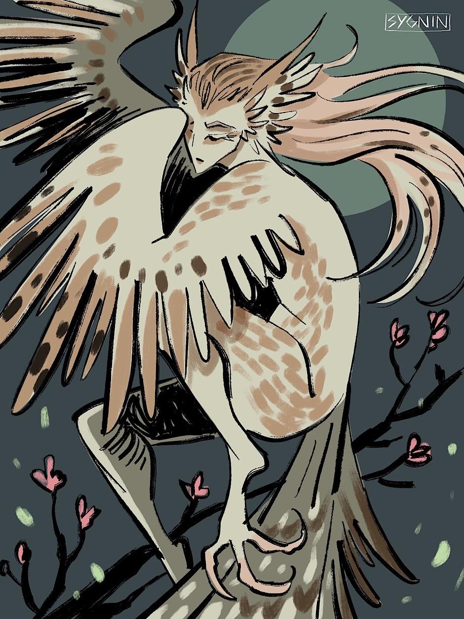 Art if an owl woman above a branch with pink flowers. A pale blue moon hangs in the night sky behind