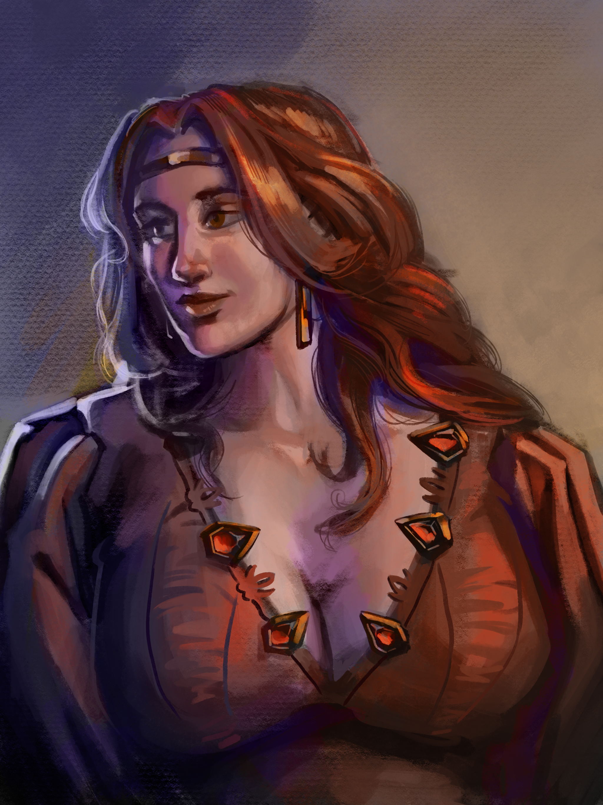 Digital painting of a woman portrait. She faces the viewer her head turned to the left, watching away, a soft smile on her face. She shas long wavy hairs and wears at red dress with a few ruby gems decoring her chest.