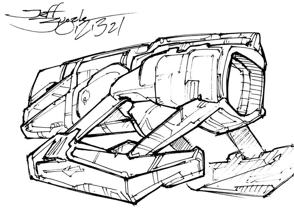 Rear 3/4 view of a cousin to the "Rocky" ship from a few days back, this one is more simply laid out, with rectangular hull and engine pods on twin pylons each side.
