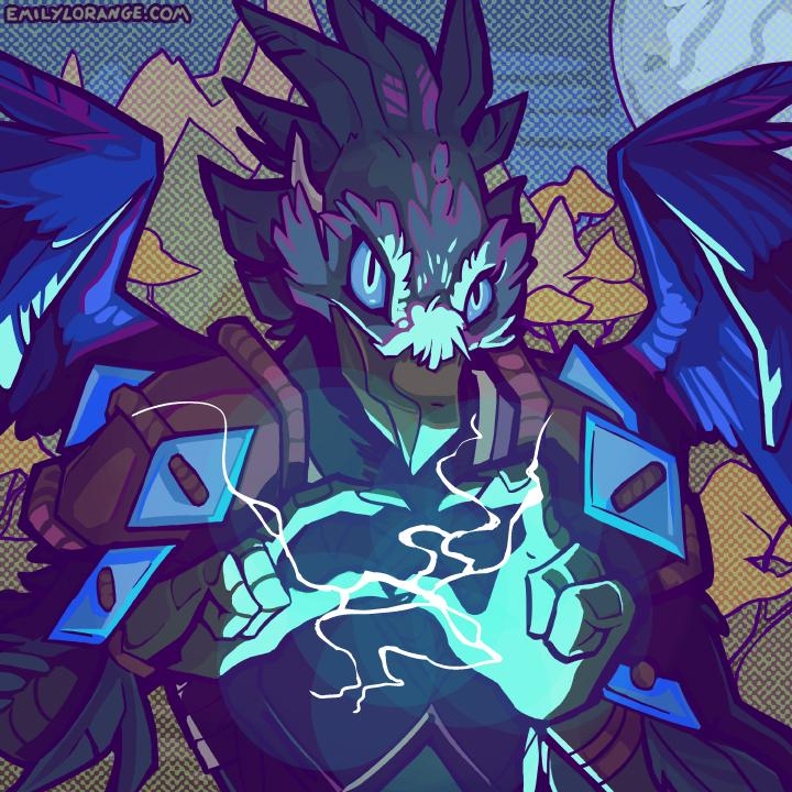 a digital drawing of an arakkoa (raven-like anthropomorphic bird), from about the waist up. He looks up, to the viewer's right, holding his hands up at chest height. in between his fingers, sparks of lightning can be seen.
