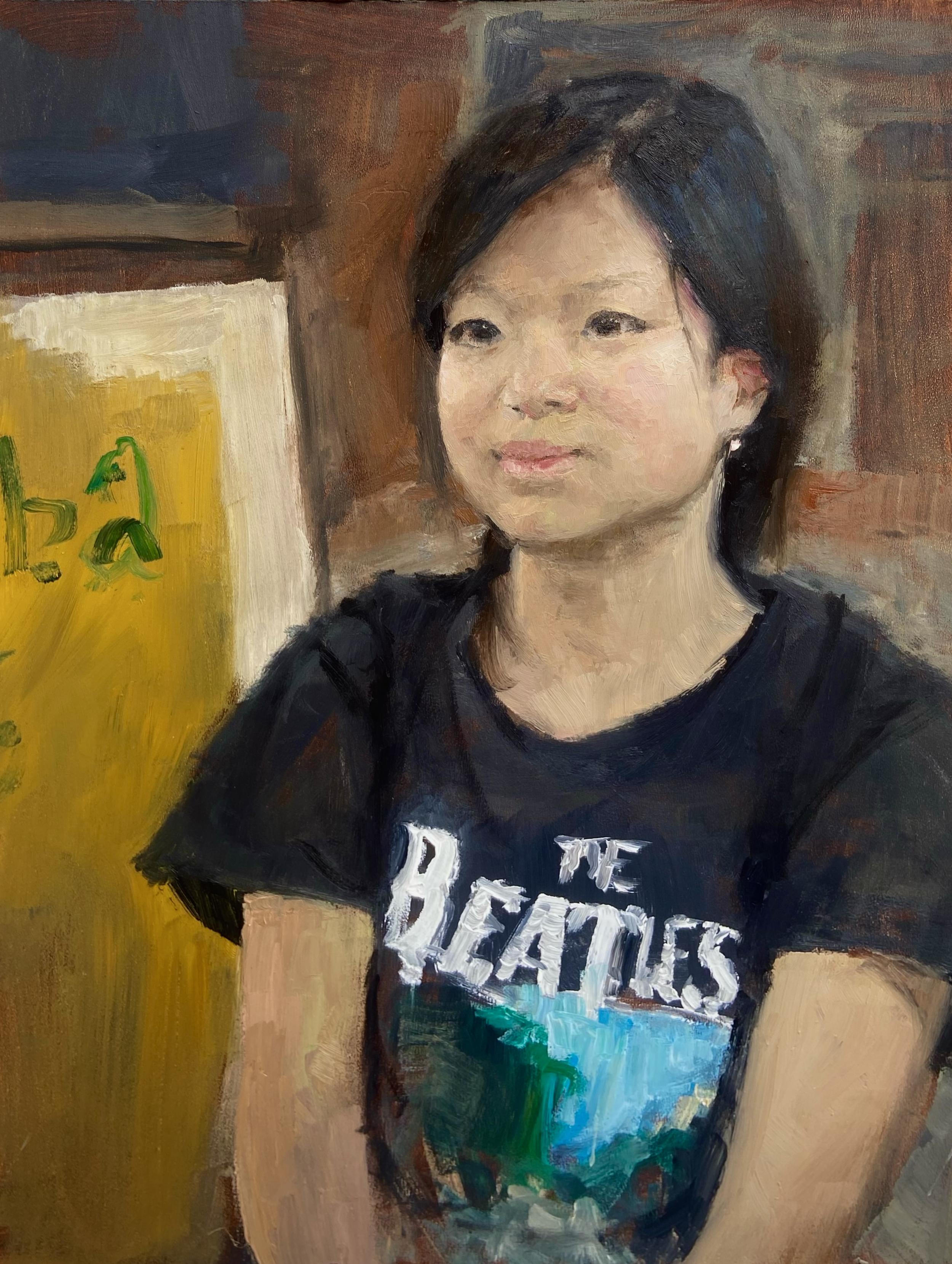 Portrait painted alla prima of a teenager sitting somewhat awkwardly before an unorganized background. They are wearing a t-shirt touting a mediocre 60s pop band that boomers are crazy about for some reason.

24x30 cm oil on panel, done in about 3 hours