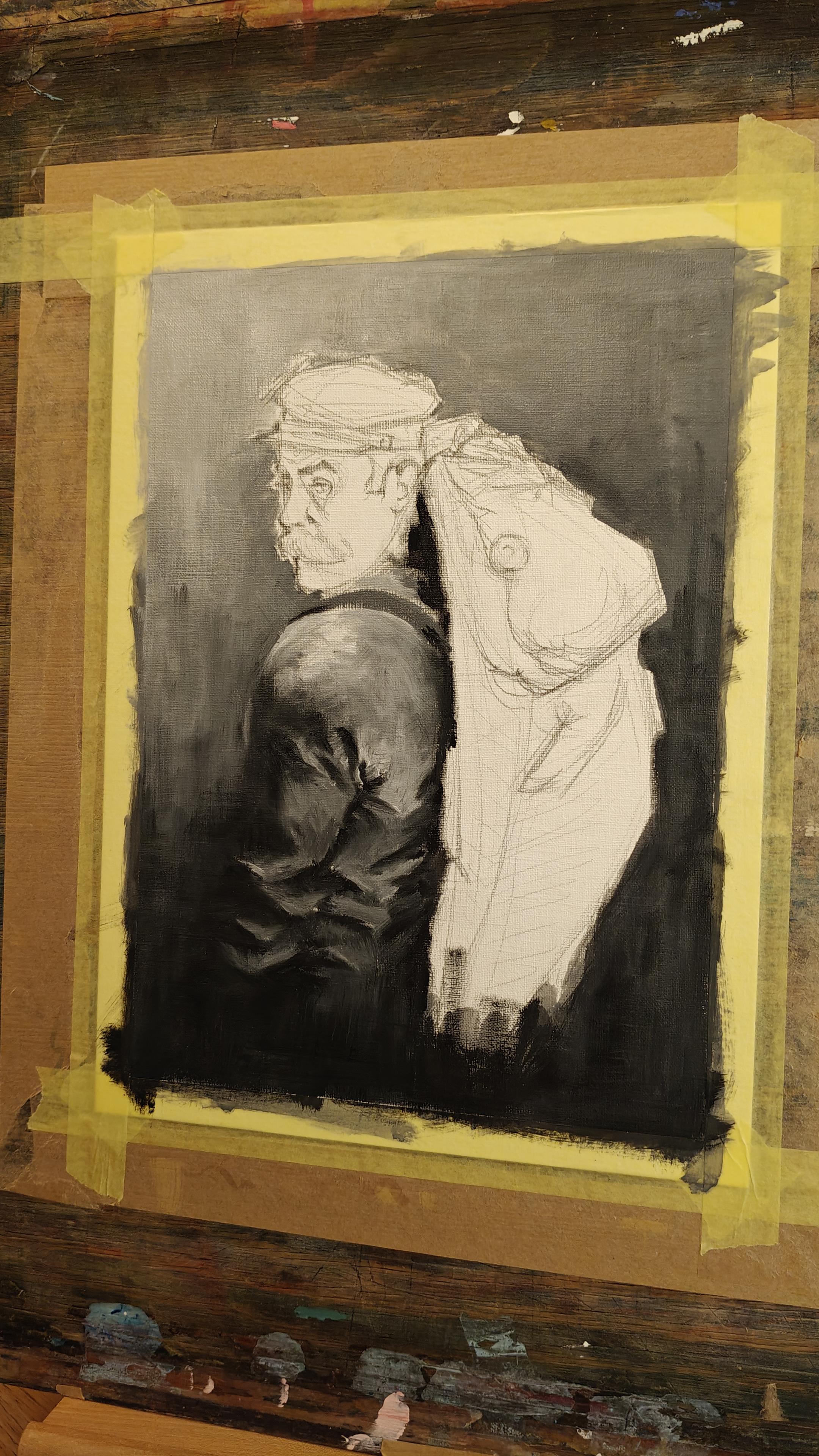 Partly painted oil painting of a lofoten fisherman from 1910 carrying a huge cod on his back.