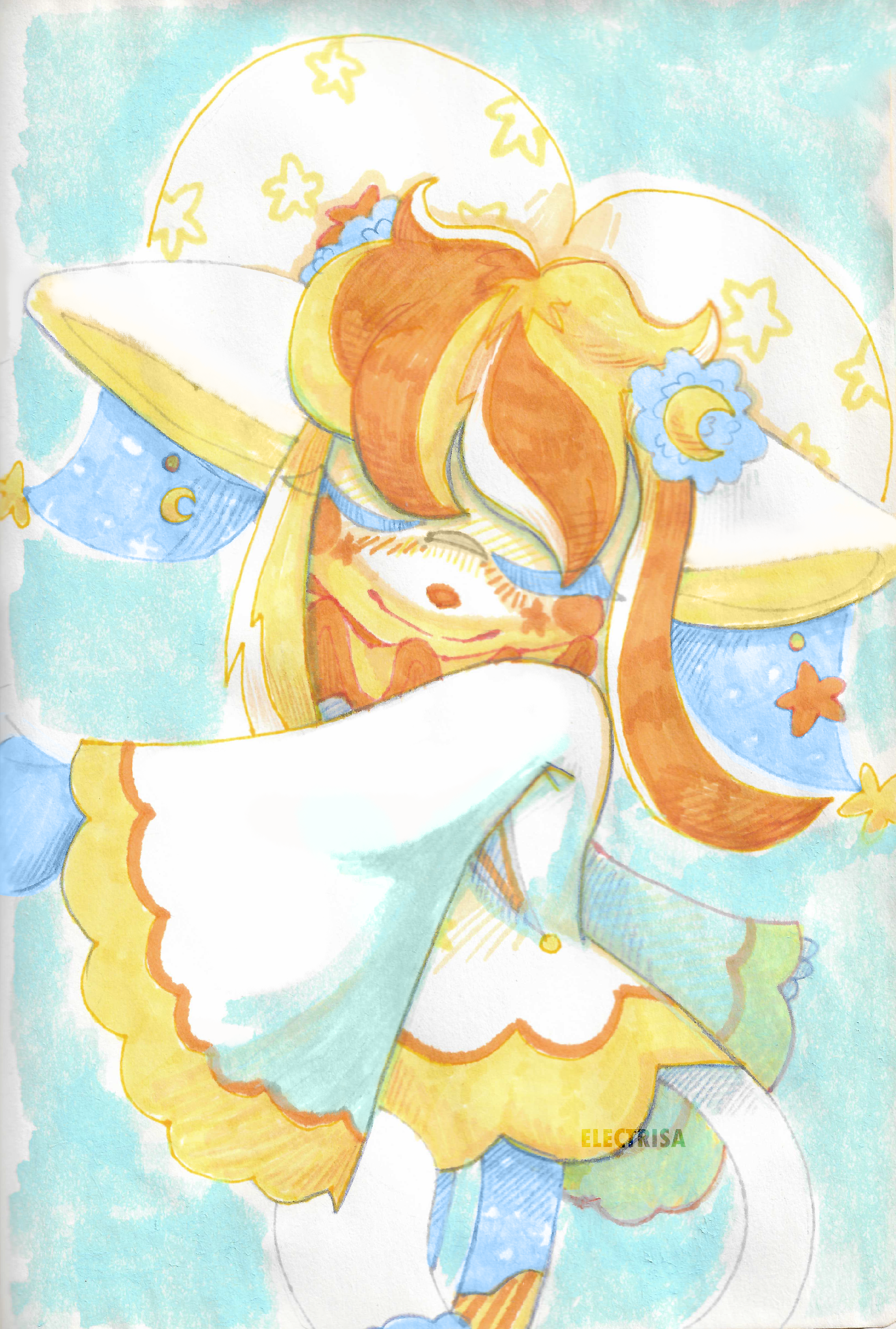 An anthropomorphic cat character drawn in markers. He's wearing a white and blue jester outfit with light yellow accents at the end of giant sleeves, and yellow and white stars over the outfit. His fur is white, his hair is long, flowing, yellow and orange and white. He has moon and star earrings and hairpins. He has a calm, mellow expression as he twirls on top of a lightblue background.