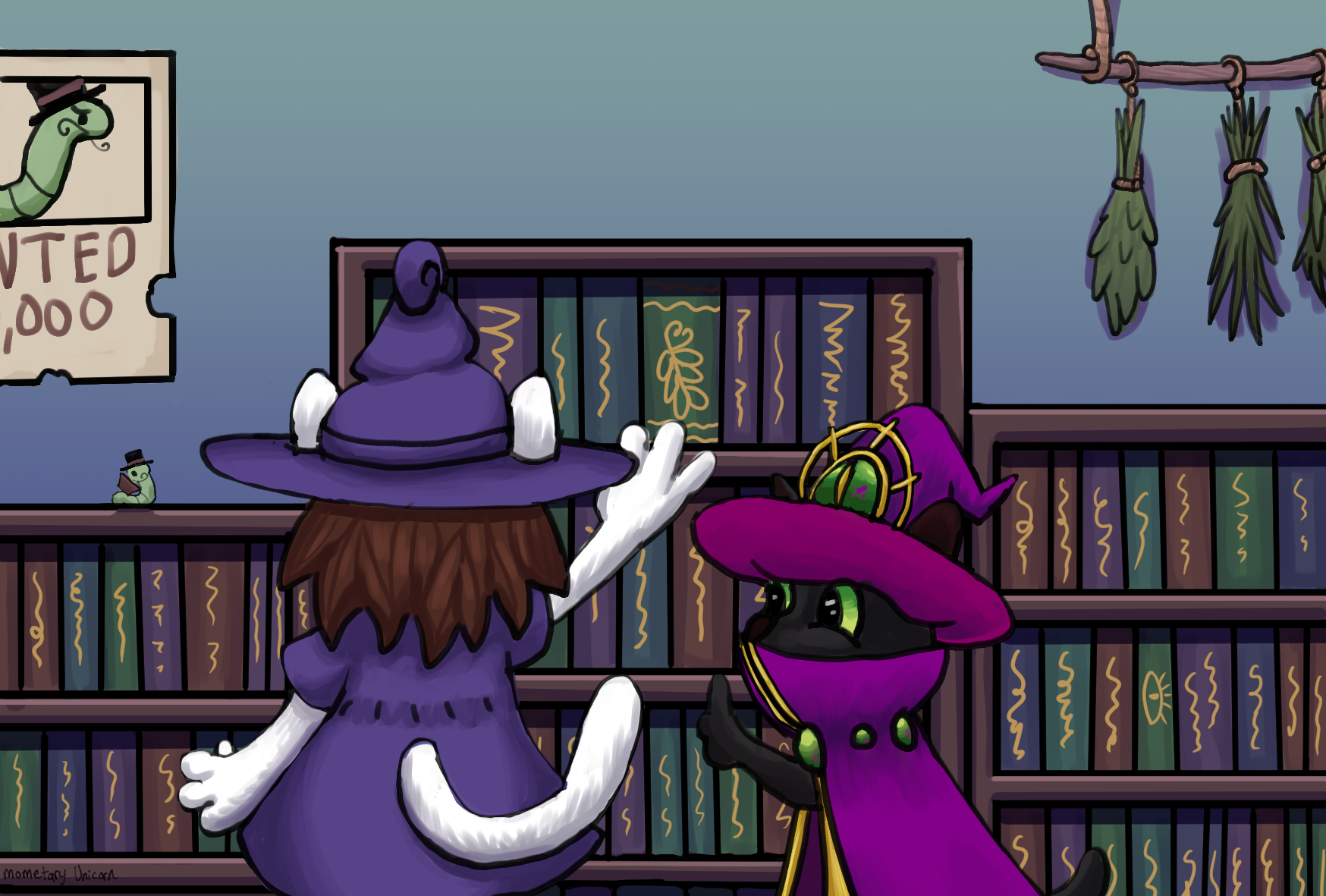 A white witch cat in purple is facing a bookshelf and a black wizard cat is looking to the right wearing magenta are in a magical library.  The are many books with golden text on their spines, hanging dried herbs on the wall on the right and on the left is a wanted poster of a bookworm with a curly mustache and top hat.  The bookworm on the poster is sitting under it reading a tiny book on the book shelf.