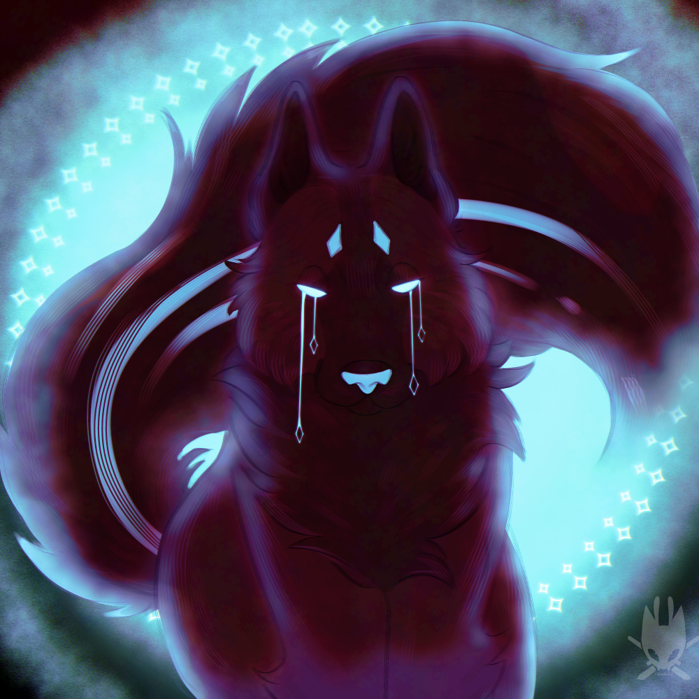 rift (cynocardia's oc) staring at the camera with a glowing star halo behind her