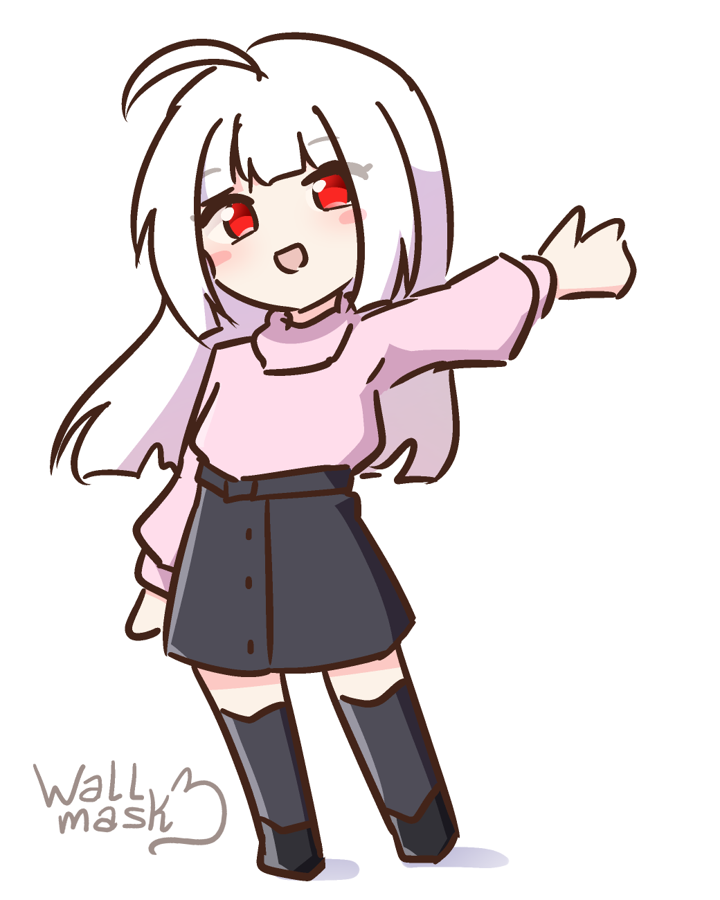 Anime style art of a girl in chibi proportions, over a white background, happily waving at the viewer. The girl is my original character Mayu, she has long white hair with a tasty-looking ahoge, red eyes, and wears a light pink turtleneck sweater, black skirt, thighhighs and shoes.