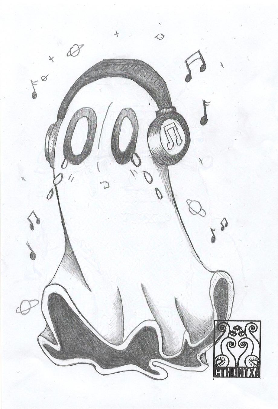A sketch of a crying Napstablook with headphones on and stars, notes, and planets in the background. Cthonyxa’s logo is on the bottom left.