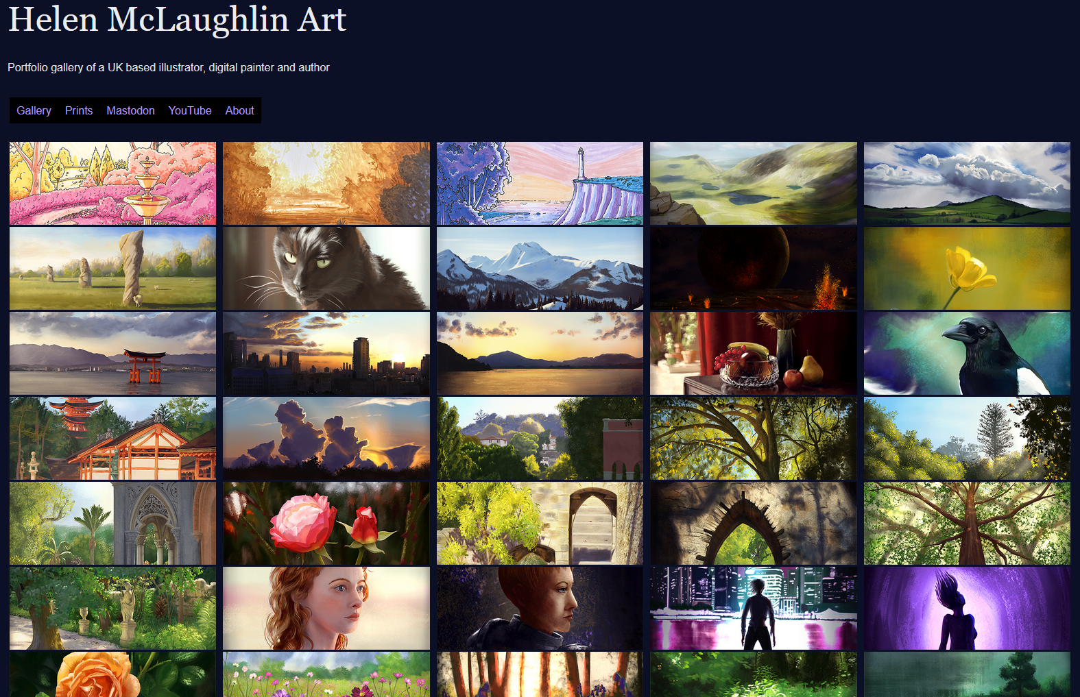 A screenshot of my website front page, saying "Helen McLaughlin Art" at the top, and featuring a grid layout of many small, brightly colourful thumbnails of various paintings of landscapes, animals and people.