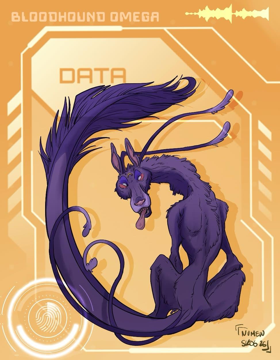 A blueish canine like alien in a scifi info hud