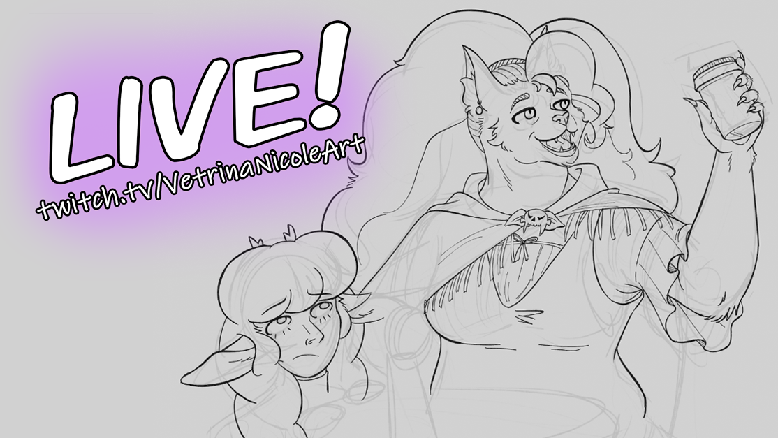 Stream announcement featuring a WIP of a digital drawing of a big cat lady and a small succubus at a large cooking pot. The text says "LIVE! twitch.tv/VetrinaNicoleArt"