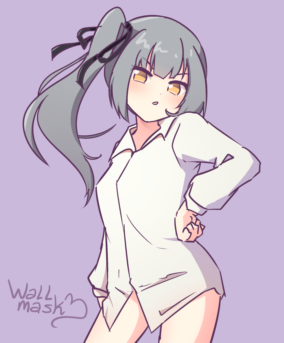 Fanart of Kasumi from the Kancolle series, a girl with long silver hair tied in side ponytail with a black ribbon, and yellow eyes. She is wearing a white collared shirt, has her hand on her left hip, and looks annoyed at the viewer.