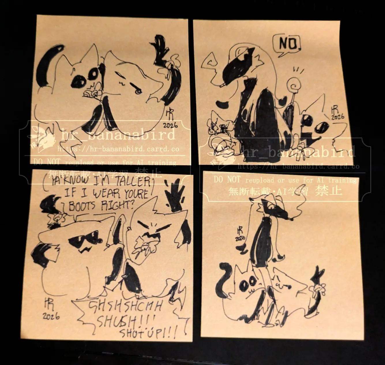 Four traditional doodles drawn on brown sticky notes. Depicted are some of my original characters: two small bedsheet style ghost cats named Blyanko and Belinda, and an anthro ptarmigan man named Raichi.