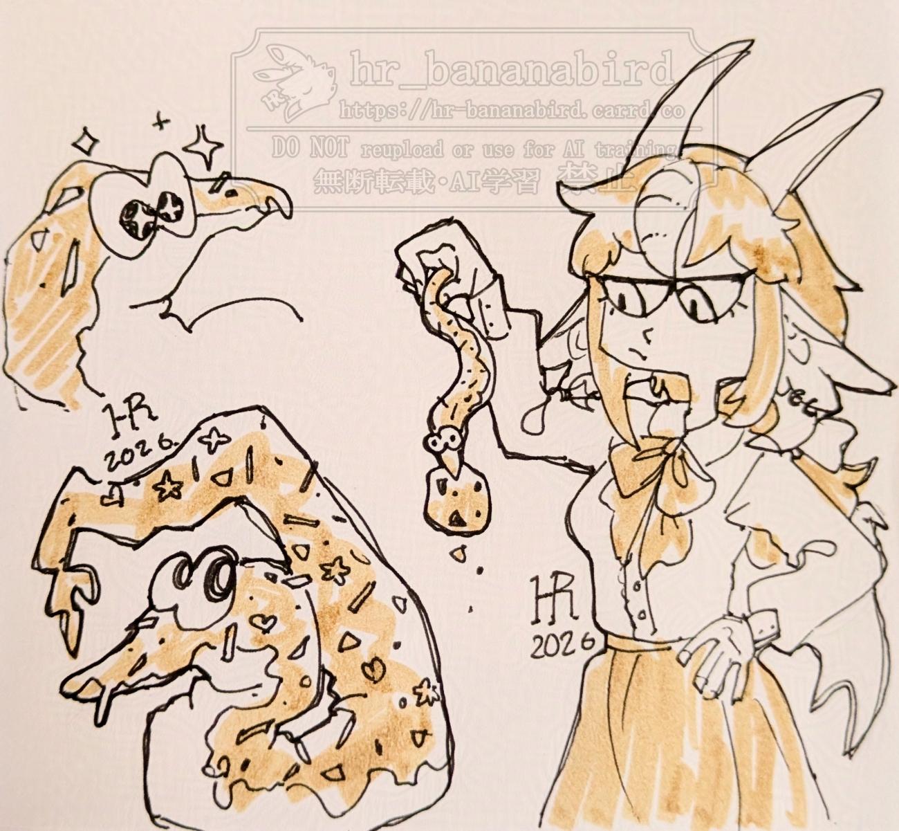 Traditional sketch page of a worm on a string character that looks like a donut covered in sprinkles. There's a middle-sized sketch of its full body, a small sketch of it with an excited expression, and a big sketch of a humanoid lady with dragon horns, ears and wings, holding the sprinkle covered worm by its tail while it has a cookie in its mouth.