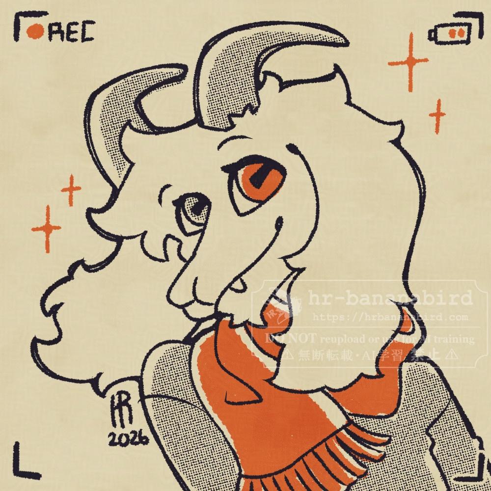 Digital art of an anthro goat man named Skip, drawn in a limited color pallet using halftones. He is smiling towards the viewer with orange sparkles surrounding him.