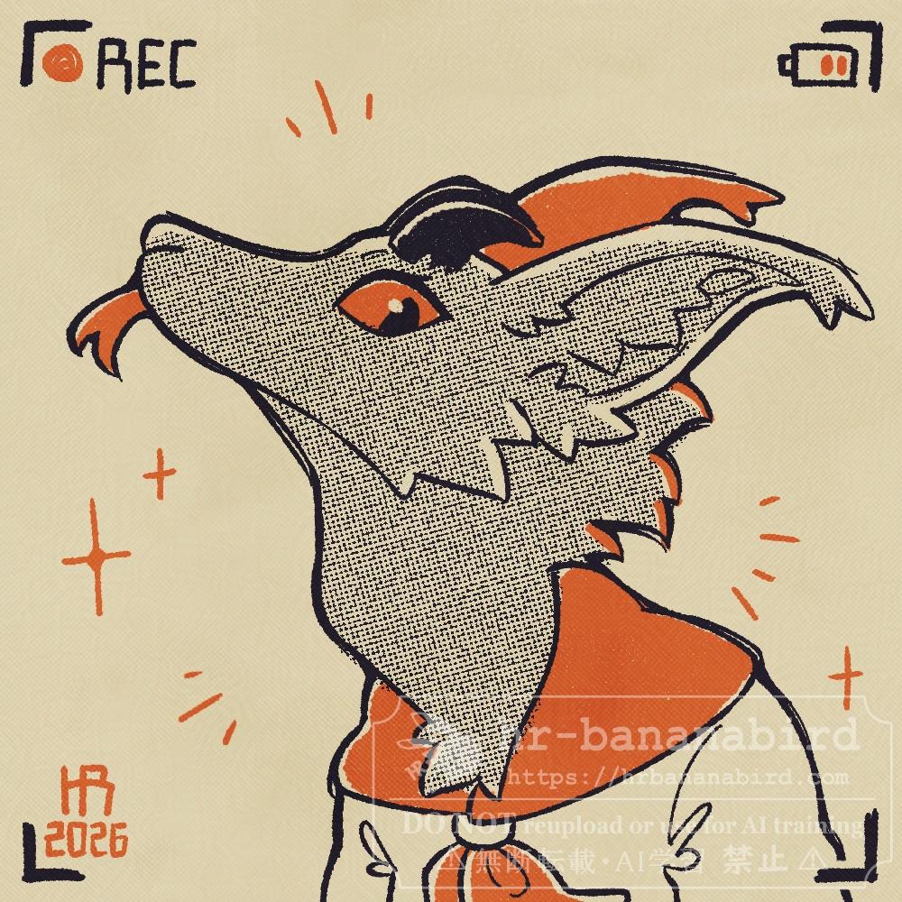 Digital art of an anthro fluffy noodle dragon named Ravi, drawn in a limited color pallet using halftones. They're facing towards the upper left with their forked tongue sticking out.