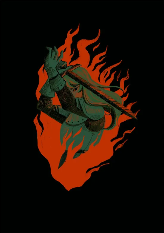 Illustration of a lady knight surrounded by flames
