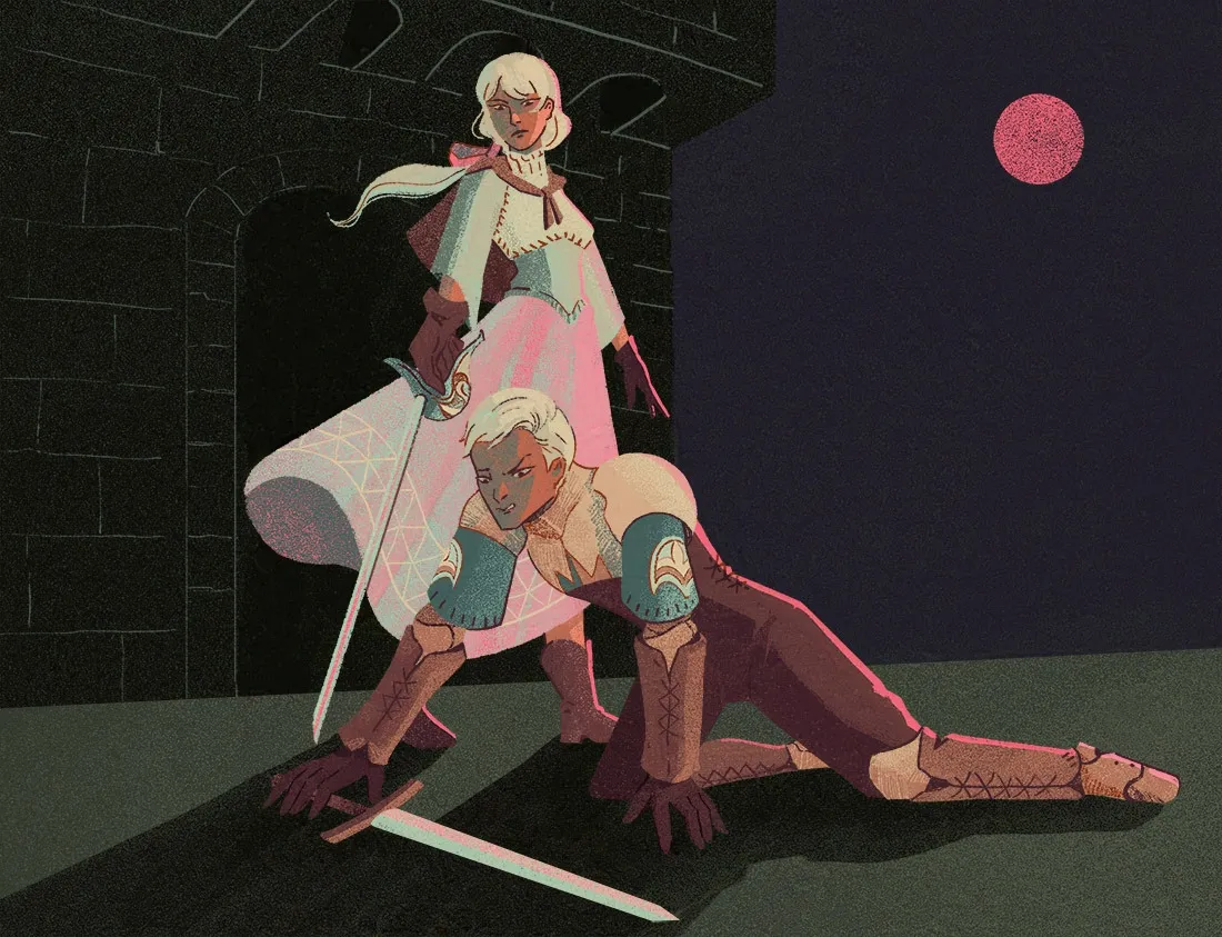 Final Fantasy Tactics fanart
Alma is holding a sword down toward Argath who is on the ground, defeated, and reaching for his sword. Her blade keeps him from seizing it properly.