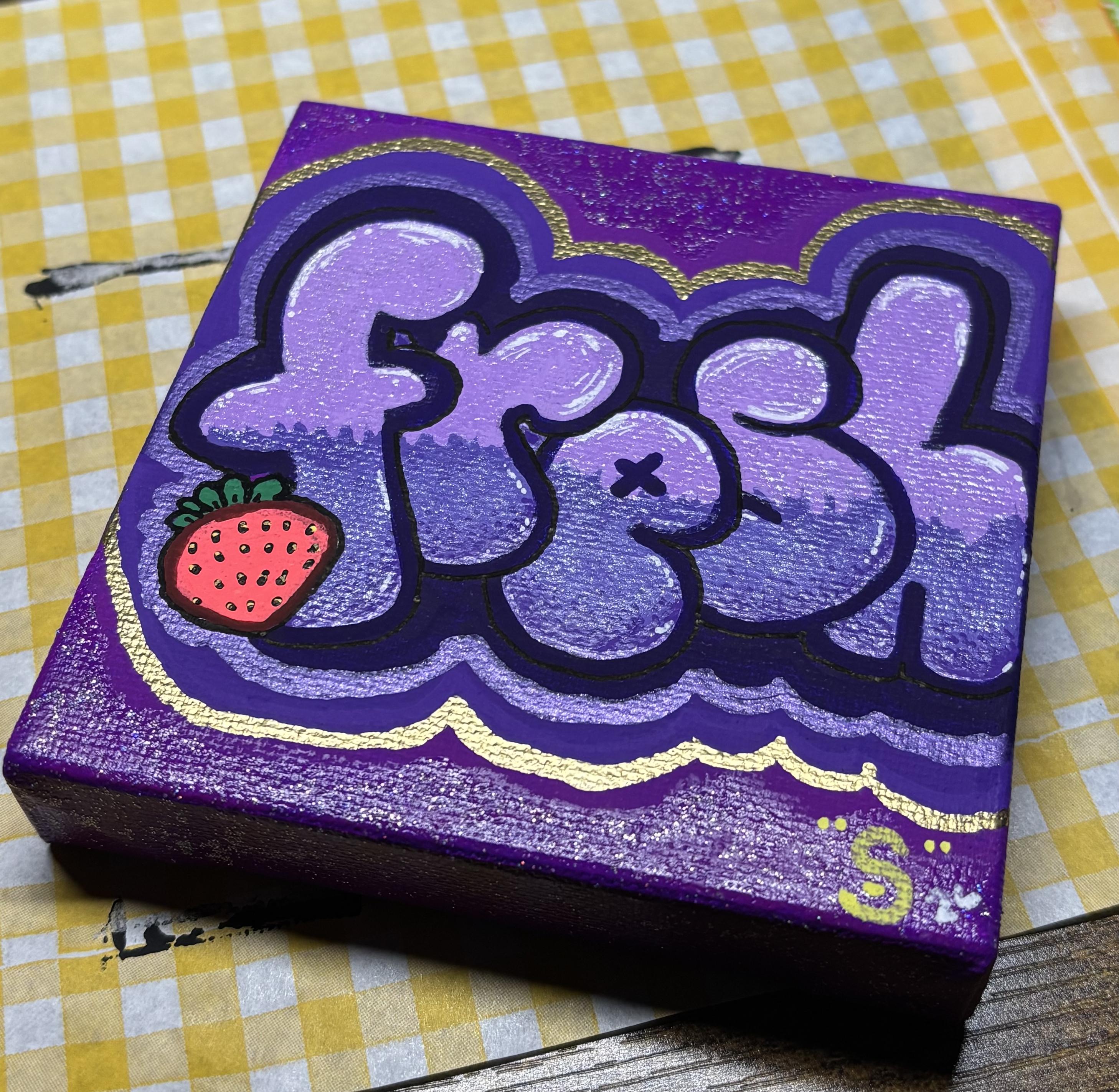small painting of the word "fresh" in two-toned purple bubble letters. the background is a deep purple with iridescent sparkles around the outer edges. there's a chonky neon red strawberry next to the F.