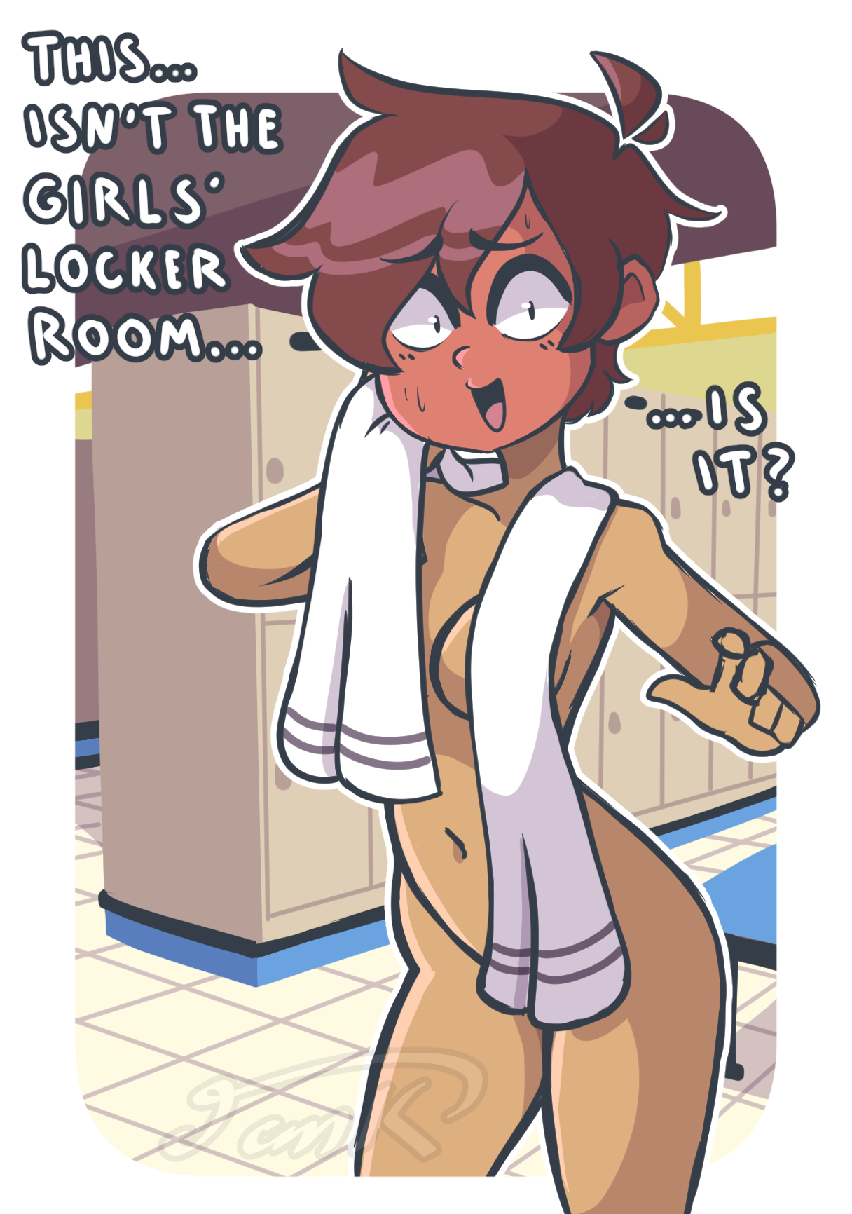 My OC Roxie standing naked in a locker room, breasts and bits covered by a towel, eyes shrunk to pinpricks and face completely red, smiling nervously.
"This... isn't the girls' locker room... is it?"