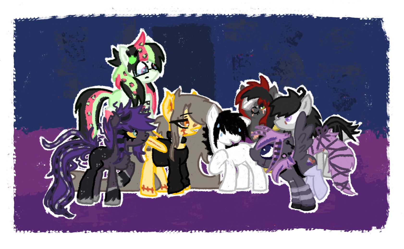 Several little ponies in a dark bluish purplish place. Keiko, a white stallion with a black mane covering his eyes emo style is surrounded by different alt ponies: Prince sweetie with purple mane dyed raccoon tail style, Daisy Pushin' a light orange vampire pony, NightSky a pony with fur looking like a night sky and purple mane, rora a gray pony with bat wings, Estrella with a green, pink and black mane with leopard parterns and RBH, a black pony with a red and black mane and an eye patch.

Keiko looks particularly nervous, probably because he's a huge bi disaster.