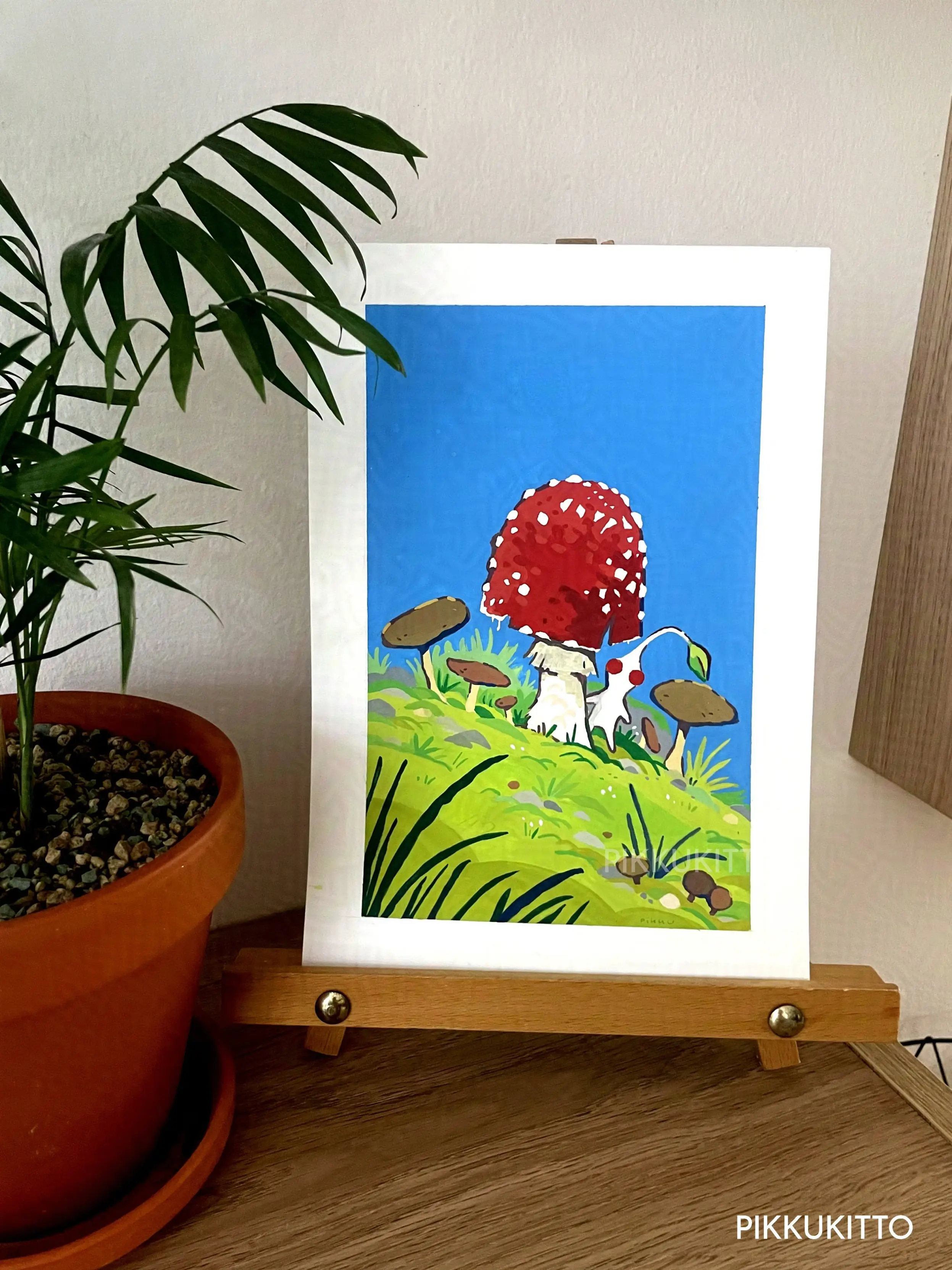 A gouache painting of a white pikmin under a big red and white mushroom