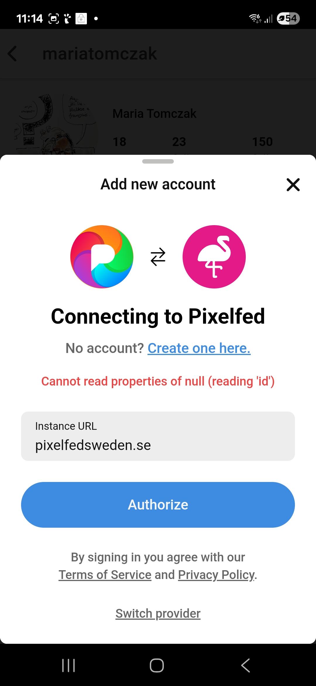 Skärmdump på inloggningsförsök med felmeddelande