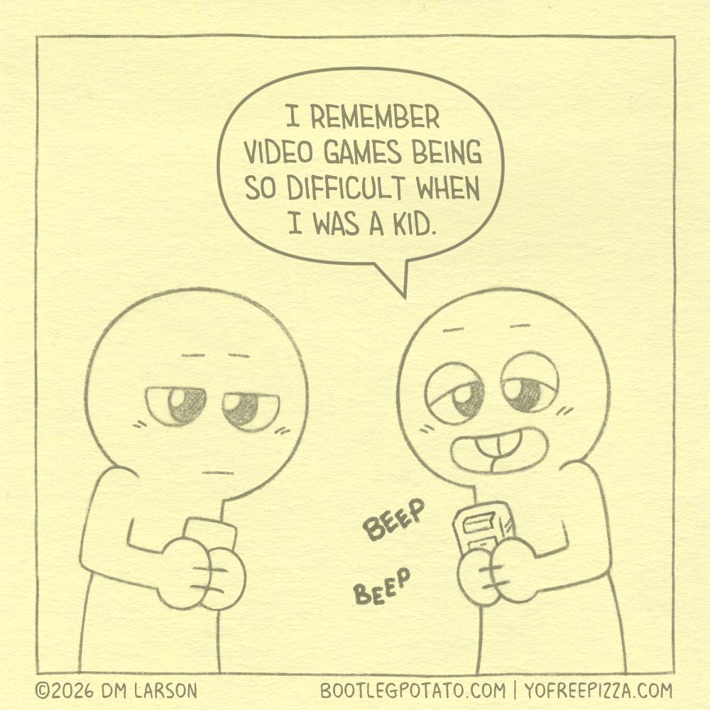 Panel 1: Buddy playing an old Game Boy says "I remember video game being so difficult when I was a kid."