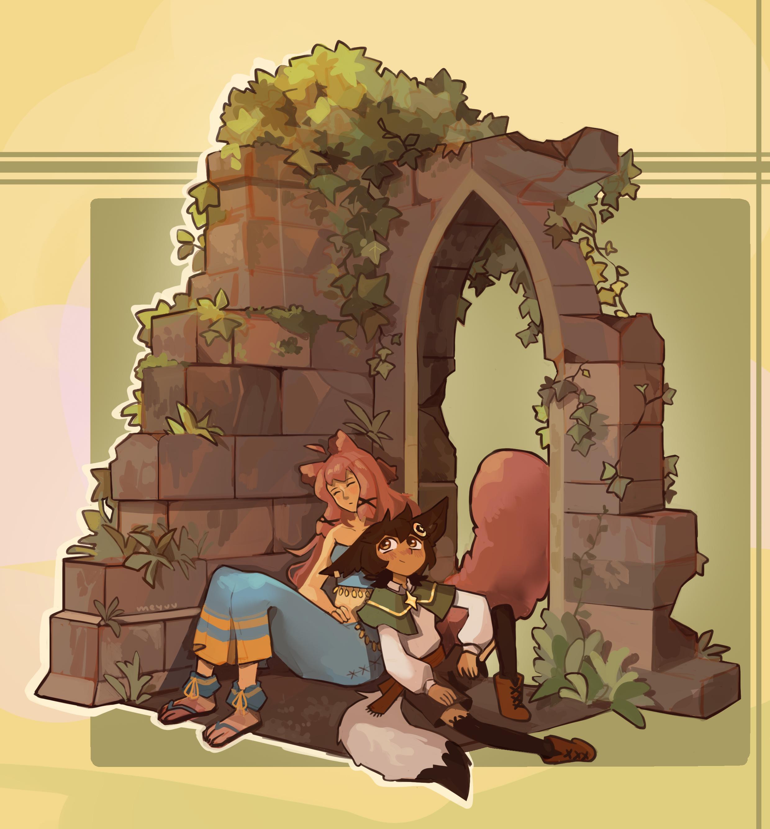 There is two character, my vtuber and isa's vtuber ! They're sitting on the floor with a little background of ruins !