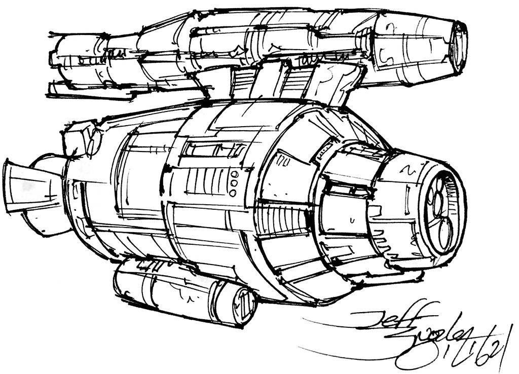 Back to the 21st century we go, to a ship clearly based on Gemini and Apollo hardware. It's a flat-nosed cone-tipped barrel with a similar but much slimmer pod on a big pylon.