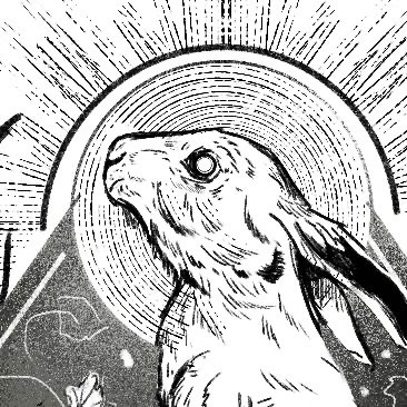 WIP ink piece of a rabbit/hare on hind legs looking up towards the sky with blank eyes and a radial sun behind it in etched lines