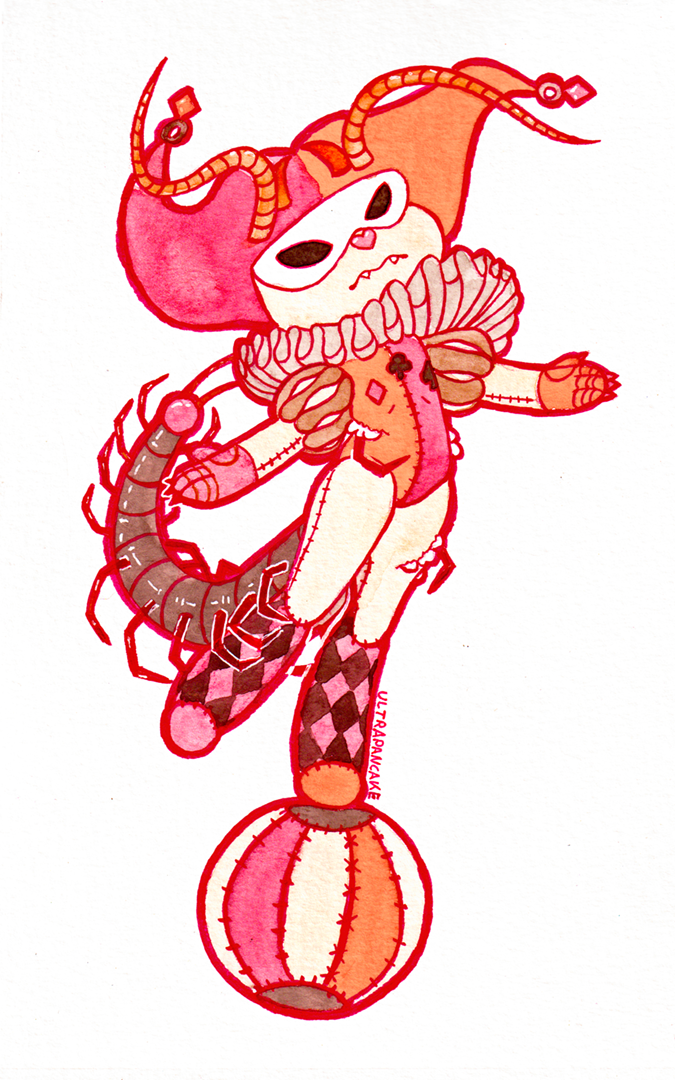 An illustration of a jester-themed character balancing on top of a ball. Their body is a big plushie being puppeted by a centipede inside. A portion of the centipede extends out from the back like a tail with many legs. They have a jester hat, a white mask and harlequin printed legs. Their color scheme is primarily red and orange and features various card-suit iconography.