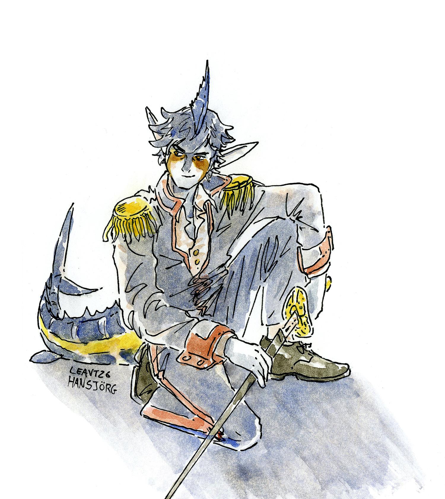 watercolor illustration of a fish man kneeling on the floor looking mischevious. He is wearing military officer uniform with a rapier. He's got white and blue skin, blue hair, a fish tail and a fin on his head.
