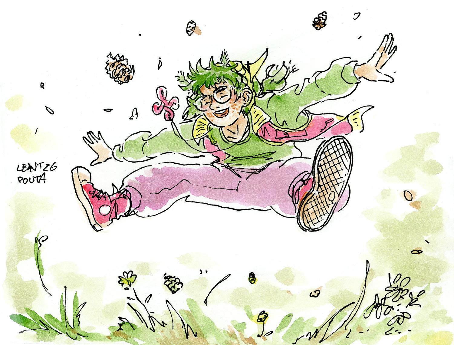 watercolor illustration of  a young girl with glasses and green hair playing and jumping on the grass. She is wearing a green sweater and prune joggers with red converse shoes and looks super happy