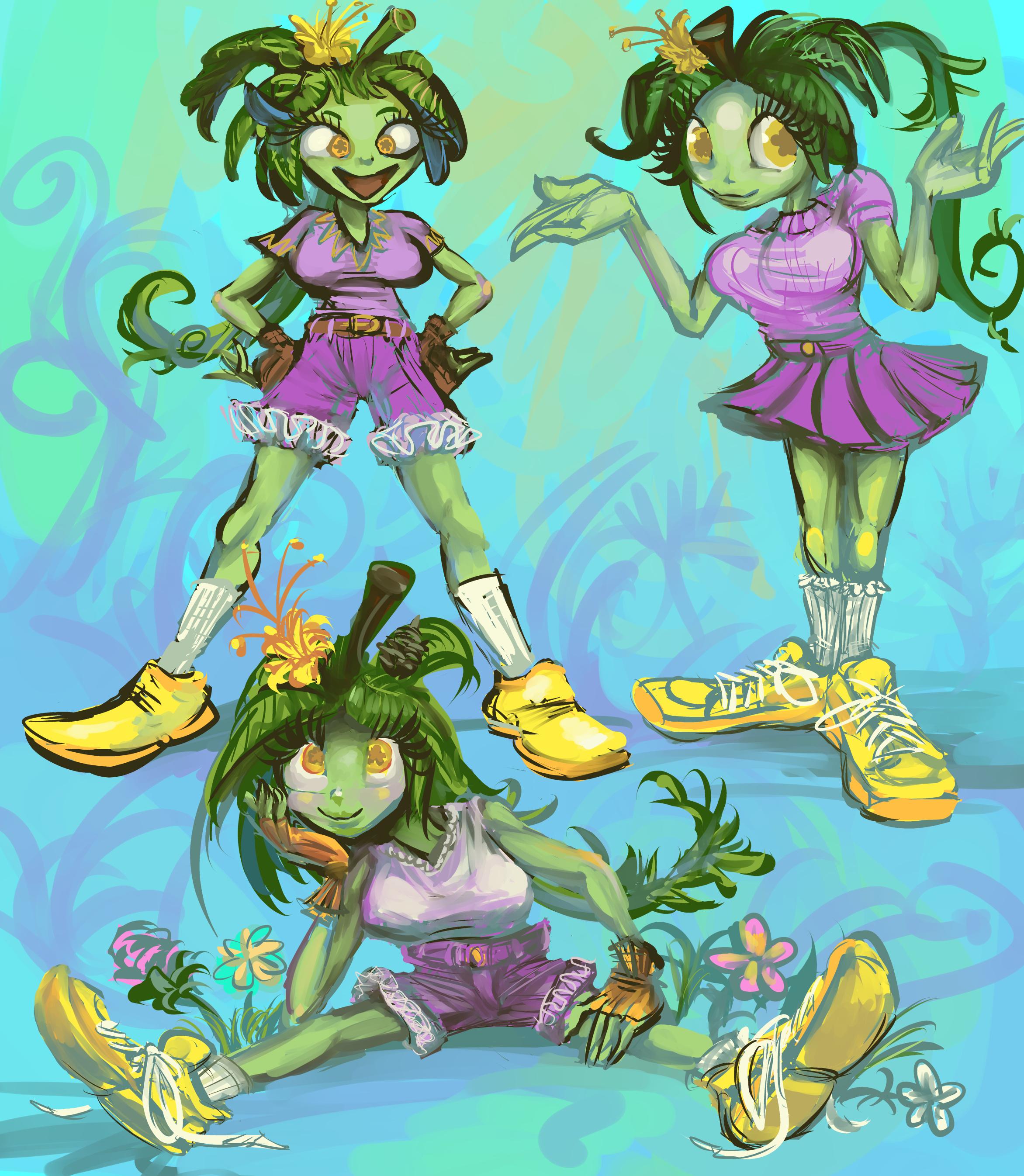 three instances of a smiling anthropomorphic plant person with leaves for hair who wears pink clothing and yellow shoes in front of abstract blue and green background