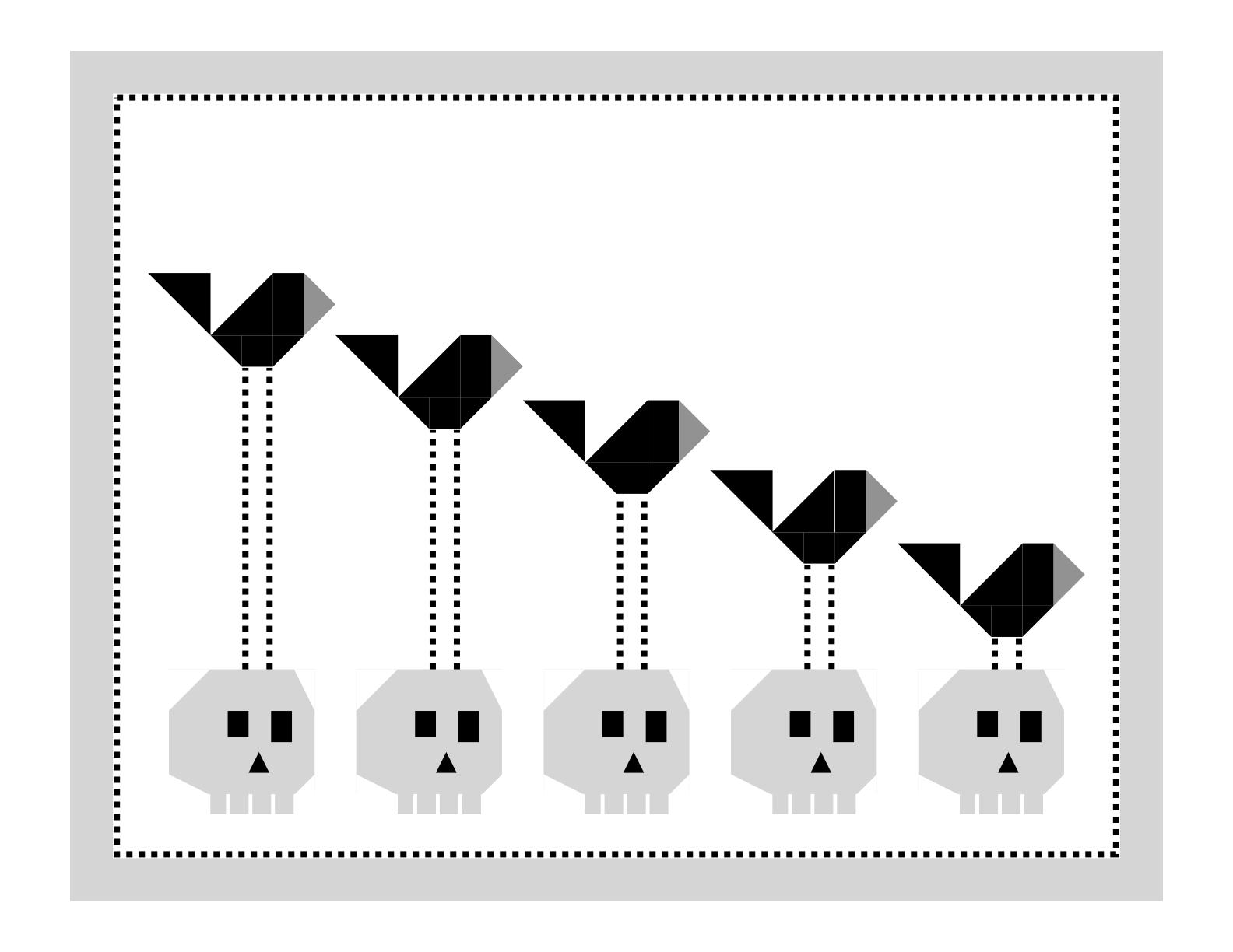 A computer drafted quilt design featuring 5 cute black crows standing on 5 light grey skulls. From left to right, the dark-grey beaked crows have extremely long to extremely short black and white striped legs. Because the crow-on-skull blocks angle down in size, there is a wide field of white in the upper right corner. A thin striped border and a slightly wider medium grey outside border finish off the design