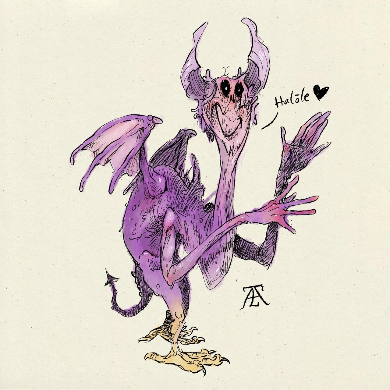 A violett demon like creature. It smiles. One hand risen. With a little heart at the end of the text the demon says „halöle“ (a cutefied version of a German hello)
