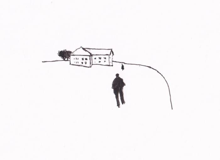 Die zwei Bewohner*innen auf dem Weg zu ihrem Doppelhaus in der Landschaft
