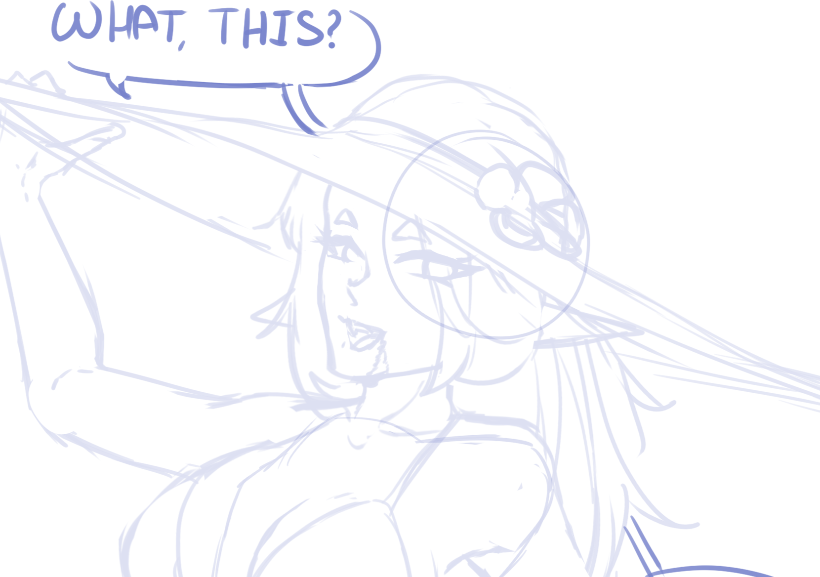 Sketch of a birl with a big beach hat, smiling. 
Text: "What, this?"